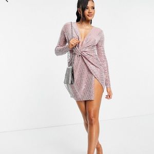 Sequin Twist Knot Mini Dress in Pink